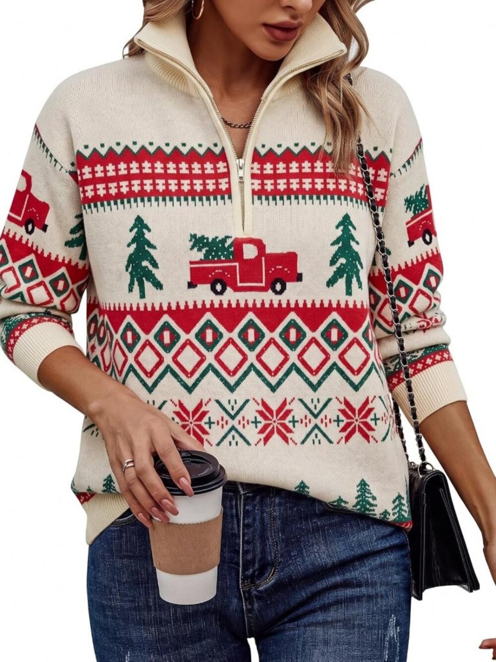Cozy Quarter Zip Ugly Christmas Sweater for Women | Festive Knitted Holiday Top